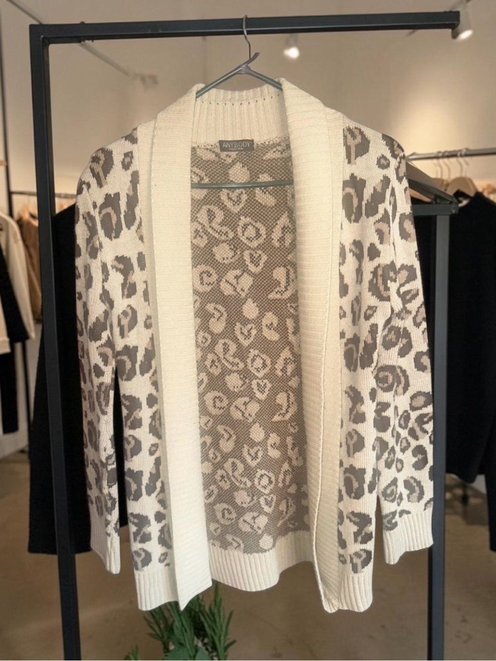 AnyBody Cream and Taupe Leopard-Print Open Front Cardigan. Fits XS/S